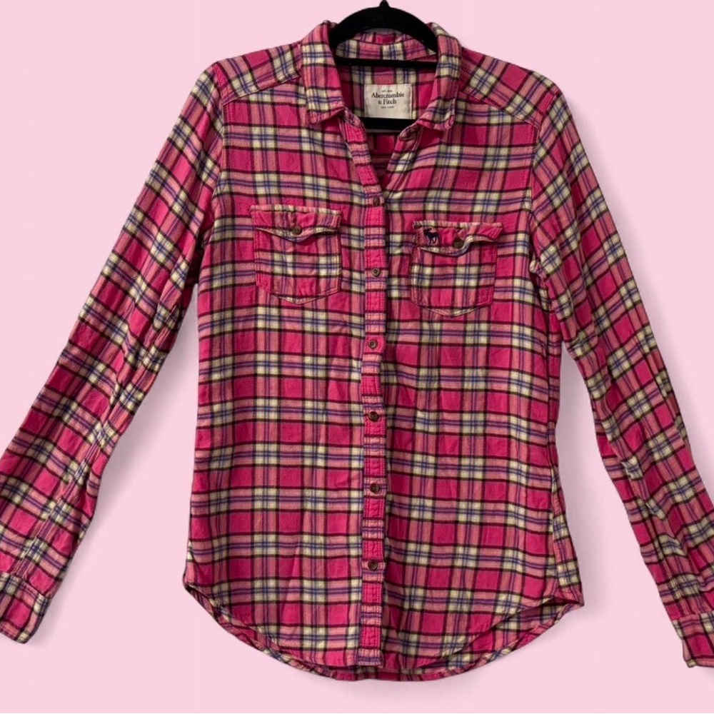 Abercrombie & Fitch Pink Plaid Cotton Blend Button Up Shirt Size Small